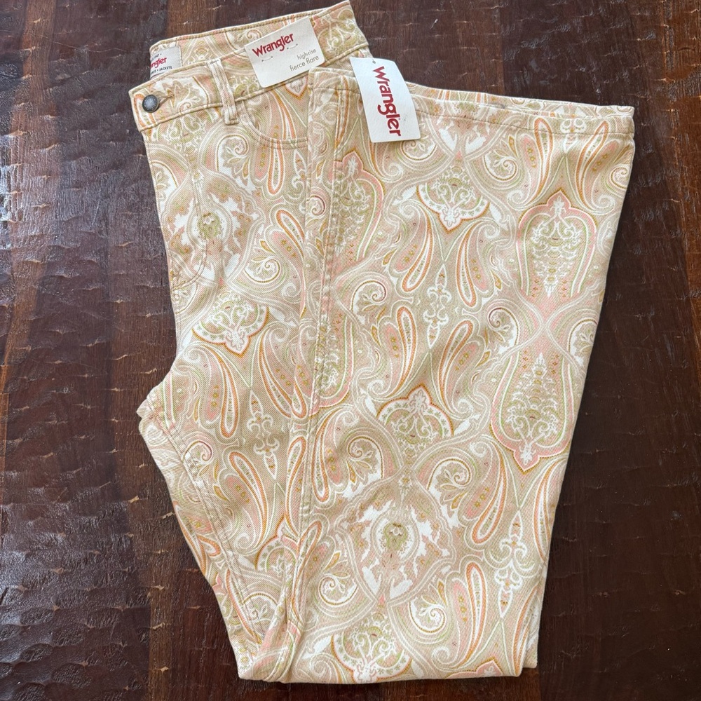 Wrangler High Rise Fierce Flare Cream and Tan Paisley Pants